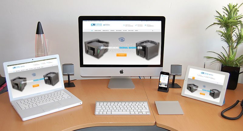 Responsiveness of JB Binding website shown across a Desktop, Laptop, Tablet, and Mobile Phone.