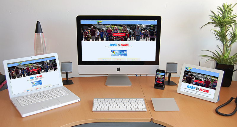 Responsiveness of The Super Run website shown across a Desktop, Laptop, Tablet, and Mobile Phone.
