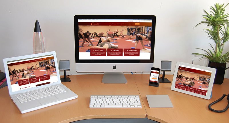 Responsiveness of Bikram Yoga Limerick website shown across a Desktop, Laptop, Tablet, and Mobile Phone.