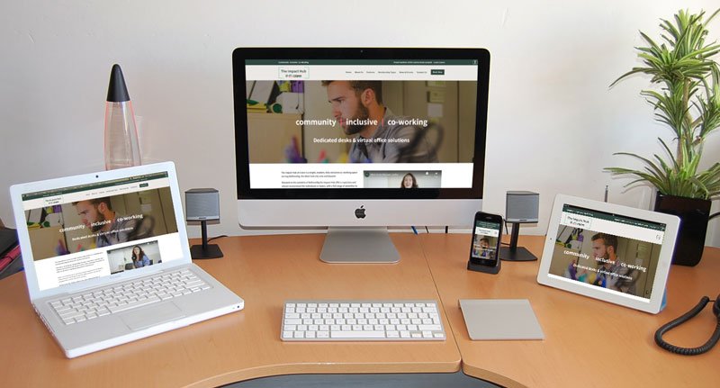 Responsiveness of Crann Impact Hub's website shown across a Desktop, Laptop, Tablet, and Mobile Phone.