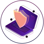 A shield sits on top of a purple laptop.