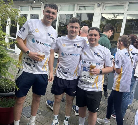 Peter O'Rourke family and friends wearing Bluescope-sponsored Arthritis Ireland jerseys at the Great Limerick Run 2026.