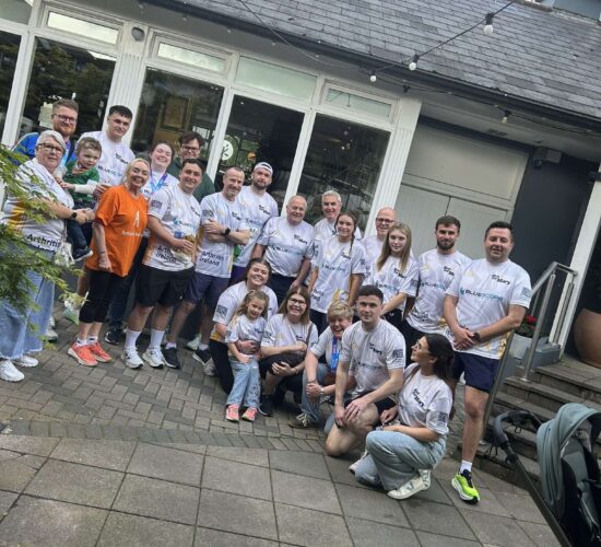 Peter O'Rourke family and friends wearing Bluescope-sponsored Arthritis Ireland jerseys at the Great Limerick Run 2026.