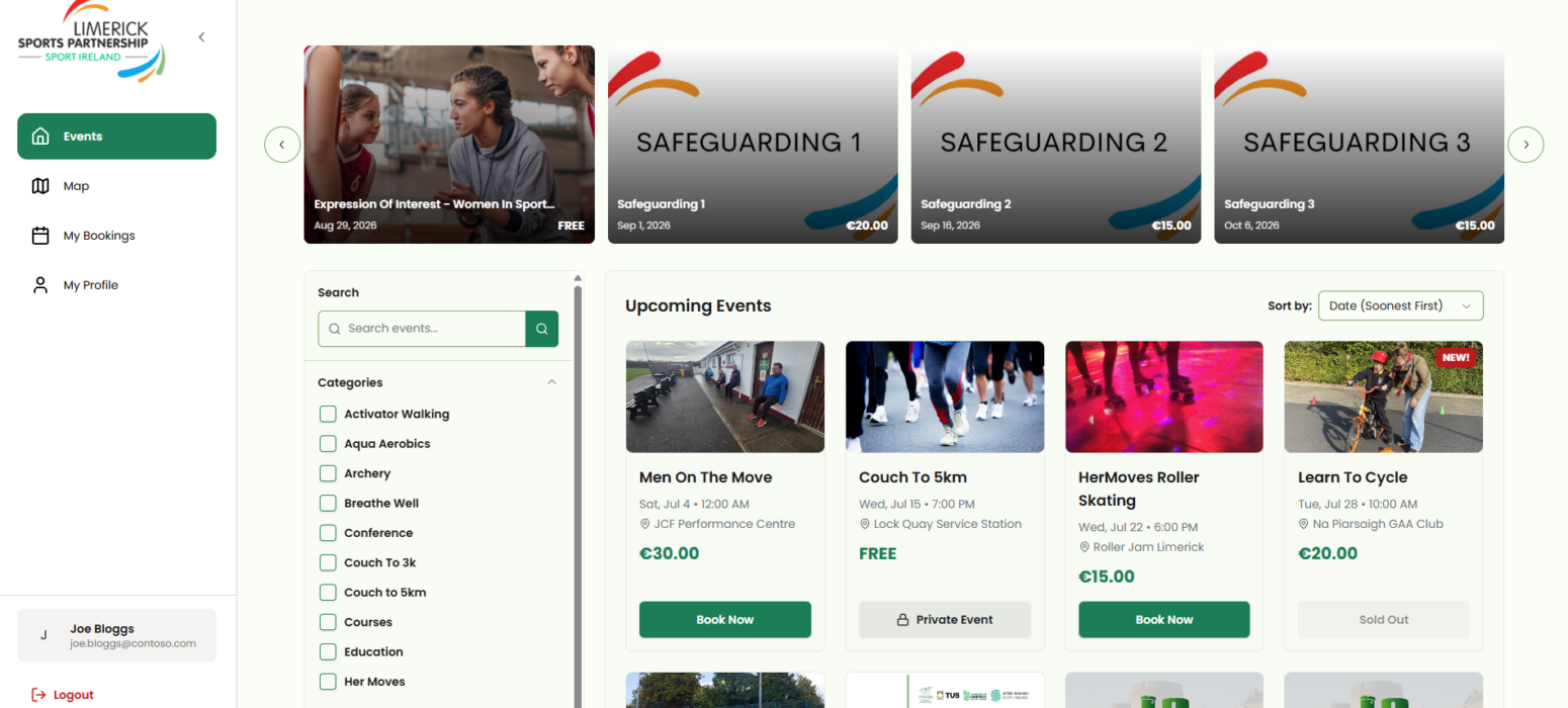 Main list of events view of Limerick Sports Partnership booking system.