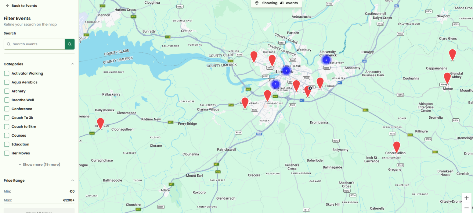 Map view of events of Limerick Sports Partnership booking system.