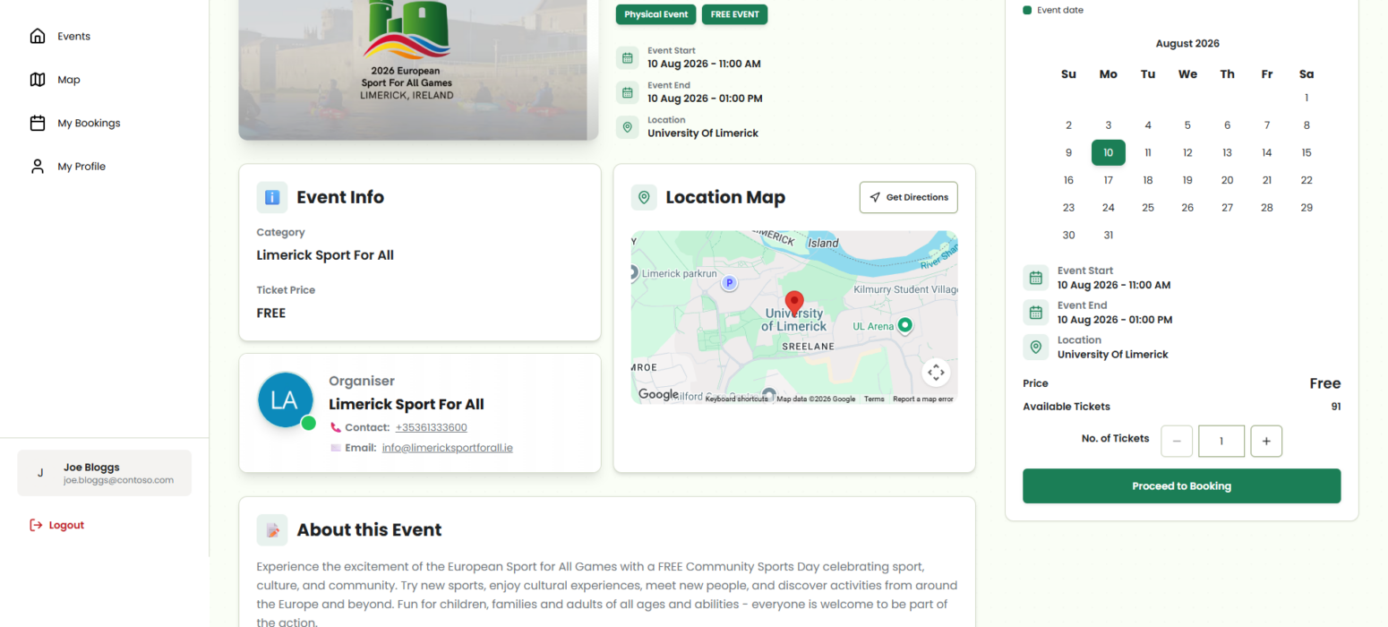 Free event view of Limerick Sports Partnership booking system.