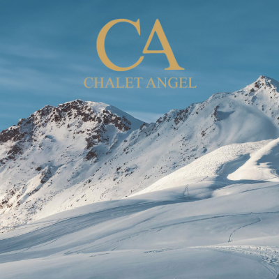 Chalet Angel logo with mountain landscape in background.