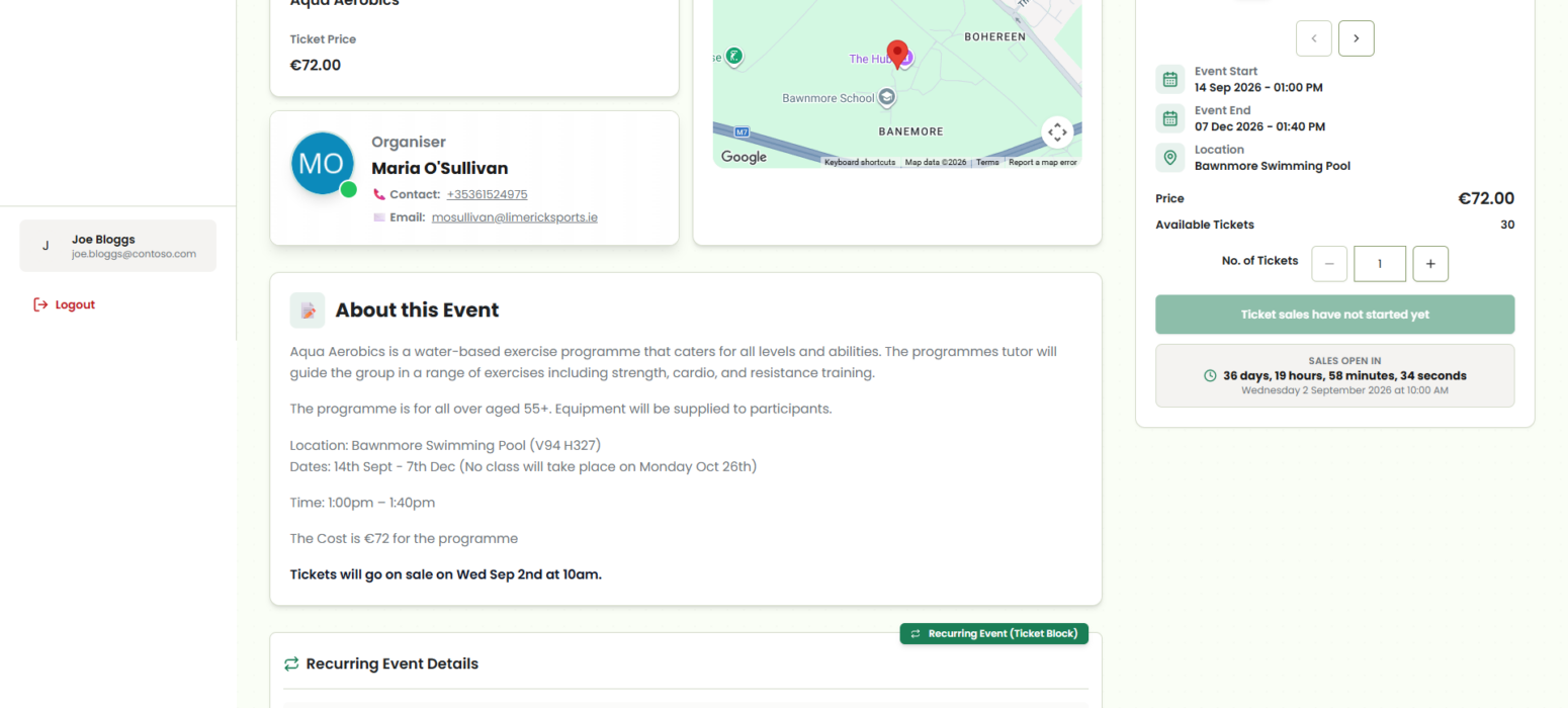 Recurring event view of Limerick Sports Partnership booking system with scheduled start date of ticket sales.